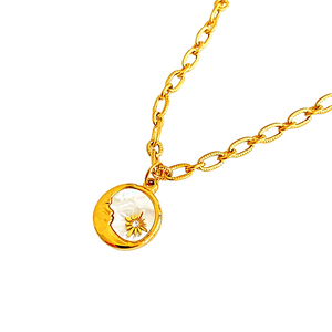 Collar de Acero Inoxidable con Baño de Oro Real de 18K, Diseño de Sol y Luna, con Colgante de Moneda de Nácar Natural, <span class=keywords><strong>Joyería</strong></span> para Mujer, Resistente al Deslustre - Product Image 6