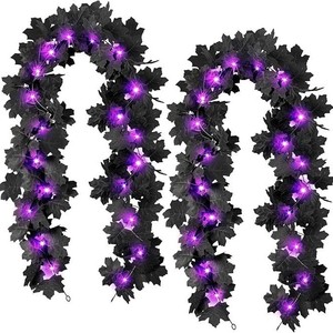Artificial <b>Black</b> Maple Vine Garland With Purple Lights Halloween Home Decor 1.75M Window Door Hanging Decoration - Product Image 1