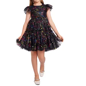 Children Girls Party Dress Stars Tulle Dresses Custom Style Kids Girls Flutter Sleeves Black Tutu Dresses For Baby Girls