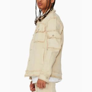 Chaqueta de Mezclilla Desgastada de Otoño, Estilo Urbano, Holgada, con Múltiples Bolsillos y Bordes Deshilachados, Color Beige, para Hombre, Fabricante de Chaquetas - Product Image 2