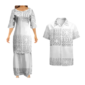 Yeni özel beyaz pazar polinezya Samoan Puletasi ve erkek gömlek çift giysi bayan iki parçalı Set kilise üniforma Ptaha - Product Image 2