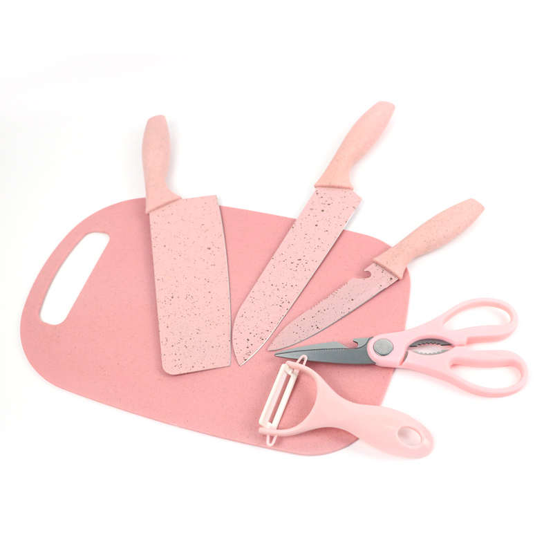 Amazon Hot Sale Pink Wheat Straw Chef Knife Set Professional Non-Stick Kitchen Knives Set With Block