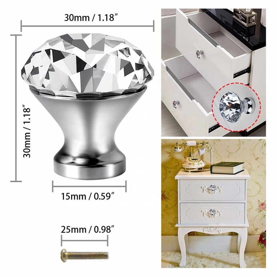 Crystal Glass Cabinet Knobs 30mm Diamond Shape Drawer Kitchen Dresser Cupboard Wardrobe Pulls Handles