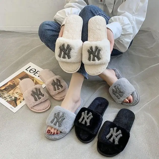 Plush slippers for women slippers in 2020 Autumn/winter outdoor indoor for lady flat bottom open toe with bright letters