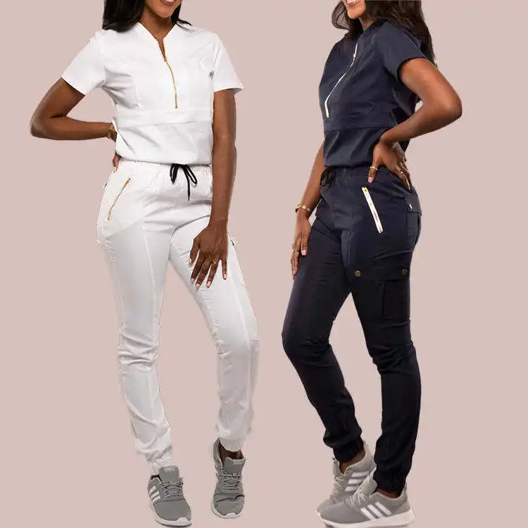 Großhandel Kitteluniformen-Sets mit individuellem Logo Krankenschwester Jogger stretch damen schwarz weiß modische Krankenschwester-Kitteluniformen-Sets