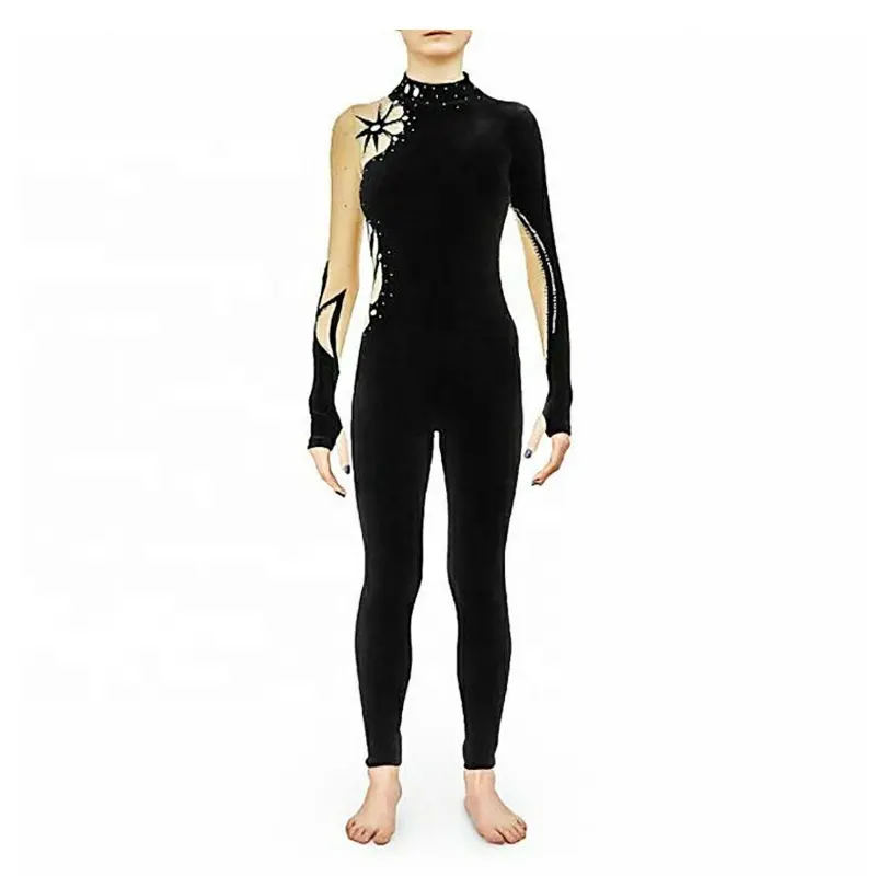 Ice figure skating dress girls women black Spandex Quality Crystals Competition Tights and jumpsuits ca