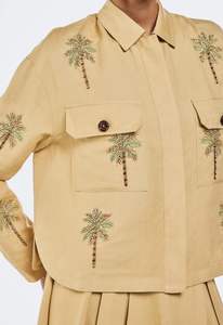 OEM Fashion <b>Linen</b> Cotton Bead Embroidered Ladies Cropped <b>Jacket</b> Wholesale Embroidery Turn-down Collar Boxy Fitted Coat <b>For</b> <b>Women</b> - Product Image 4