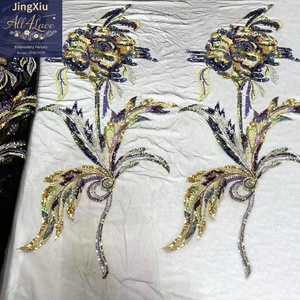 Tessuto in Rete Ricamato con Paillettes Floreali Grigio Viola Oro con Grandi <span class=keywords><strong>Motivi</strong></span> Applicati per Caftani, Abaya e Abiti da Sera - Product Image 5