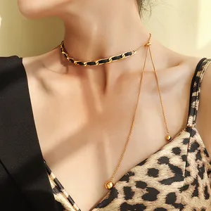 Cadena de cuerda de cuero con personalidad para clavícula, cadena con borlas, de acero y titanio, 18K, dorado