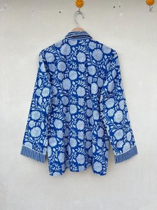 Chemise de nuit décontractée en coton à manches longues pour femme, motif floral bleu imprimé, col mandarin, longueur intégrale, idéale pour le printemps - Product Image 5