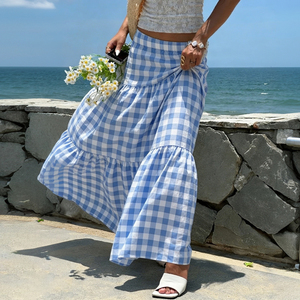 Falda Larga Maxi a Cuadros con Cintura Natural, Estilo Casual de Playa para Vacaciones de Verano - Product Image 3