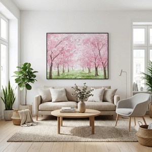 Peinture murale abstraite moderne en gros, motif forêt de fleurs roses, œuvre d'art texturée, décoration intérieure, grande taille, pour usage commercial - Product Image 1