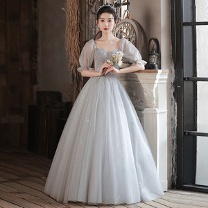 Silver Gray Ball Gown Off The Shoulder Empire Waist Vintage Evening Dress For Birthday Graduation Ceremony - Product Image 1