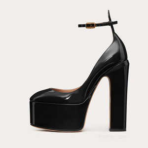 Fashionable Sexy Sapato De Salto Shiny Leather Thick Sole High <b>Chunky</b> <b>Closed</b> <b>Toe</b> Platform <b>Heels</b> - Product Image 3