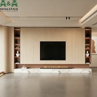 Mueble de TV de Pared Curvo SLS con Consola Flotante de Mármol, Detalles de Madera Acanalada, Nicho LED y Almacenamiento Oculto