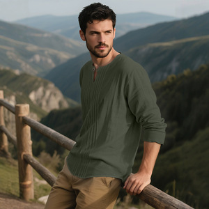 Chemise à manches longues et col rond pour hommes, en coton et lin, respirante, coupe ample, pull-over pour le printemps, l'automne et l'été, vêtements de loisirs - Product Image 6