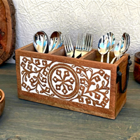 Organisateur de couverts en bois à 3 compartiments avec poignées métalliques, style rustique pour cuisine, vente en gros