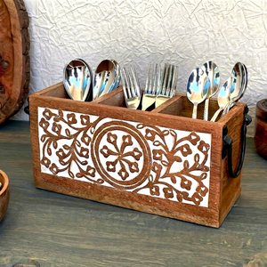 Organisateur de couverts en bois à 3 compartiments avec poignées métalliques, style rustique pour cuisine, vente en gros - Product Image 1