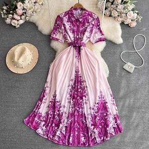 Abito lungo da donna elegante a maniche corte con risvolto, cintura in vita, monopetto, stampato, plissettato, linea ad A, ampia gonna, casual, per tutti i giorni e feste - Product Image 3