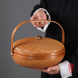 <b>Bamboo</b> Woven Basket Round With Lid Food Storage <b>Container</b> Kitchen Use - Product Image 2