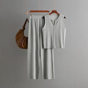 Conjunto de Dos Piezas Casual de Verano para Mujer, <span class=keywords><strong>Top</strong></span> de Punto sin Mangas, Pantalones Anchos, Diseño Sólido, Conjunto de Suéter a la Moda - Product Image 5