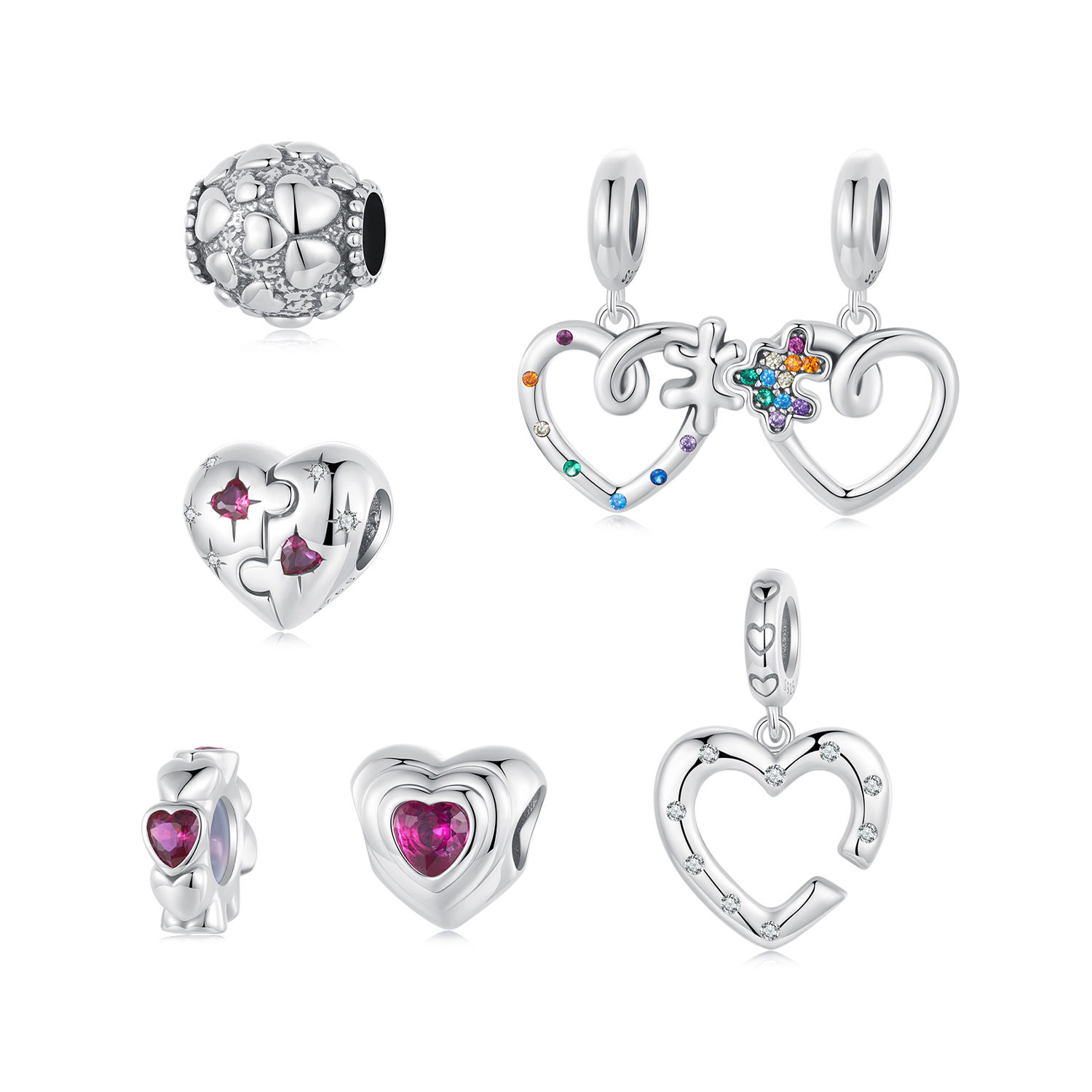 Wholesale S925 Sterling Silver DIY Love Jewelry Combination Beads  Valentine's Day Heart Series Beaded Pendant