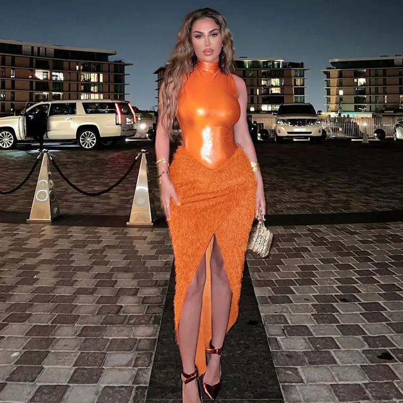 Orange Dresses Women Furry Suit O-Collar Short Set Women 2 Piece Women Outfit Party Dress