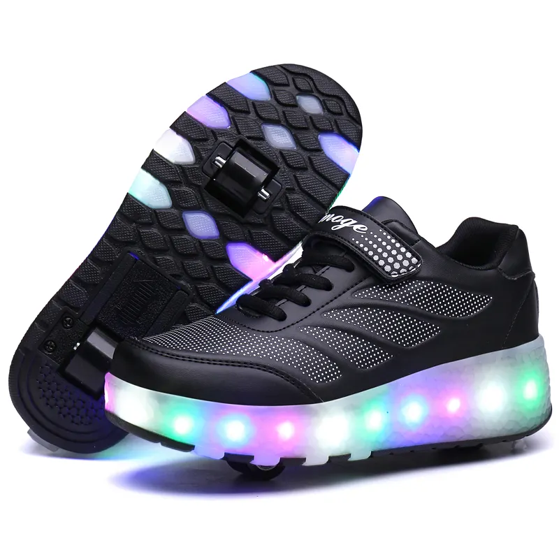 LED Light Up roller skate shoes Wheeled Skate Sneaker Shoes for Boys Girls Kids Retractable Technical Skateboarding Outdoor Sport Sneake Size Roller Shoes 28-42 Black pink-28 