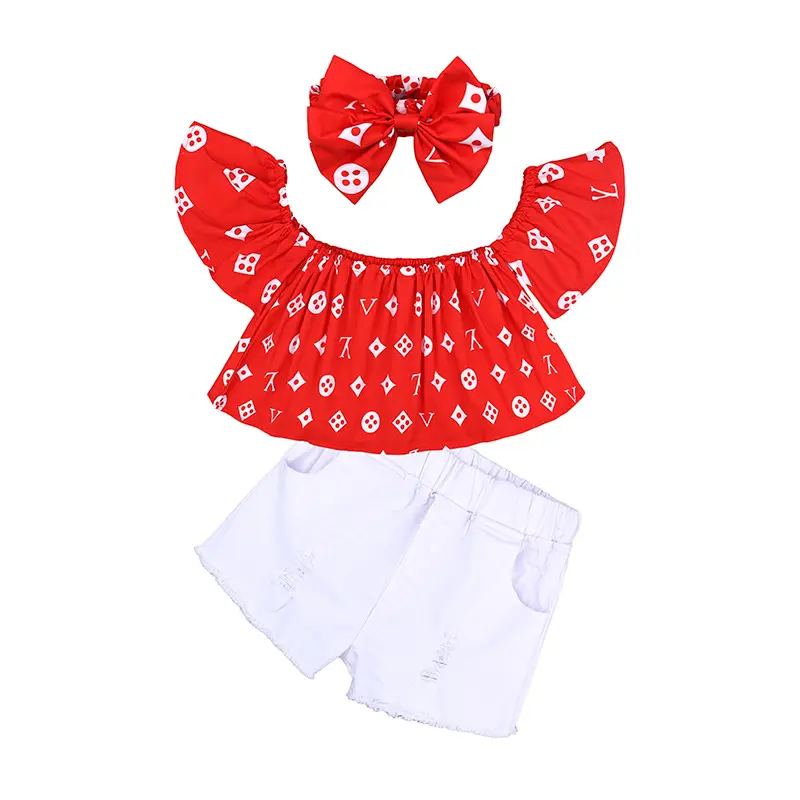 New Product e2woo Name Brand Kids Clothing Wholesale Children Clothes Wear Red Top And White Short Set