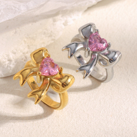 Dreamshow Bague Coeur Zircon Rose Bague Chevalière Design Arc Bague de Fiançailles Plaqué Or Bijoux en Acier Inoxydable