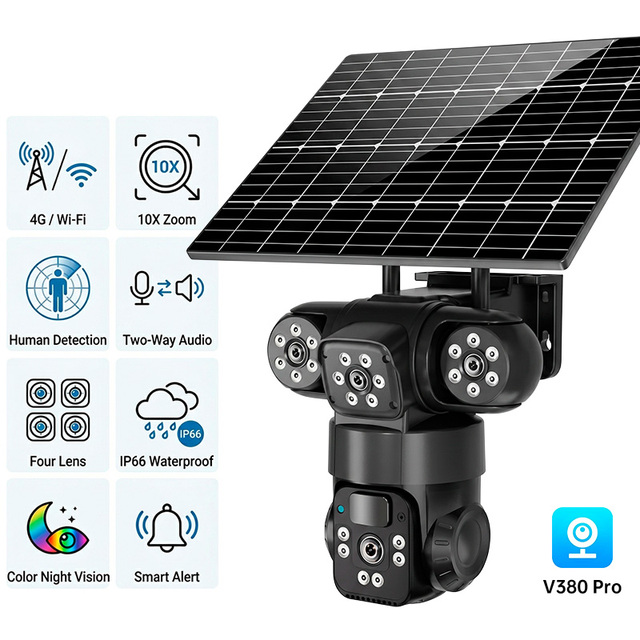 KERUI 9MP Three Views Network EU 4G Solar Camera Outdoor Home Security PTZ Surveillance CCTV Motion Tracking 10X Zoom V380 Pro