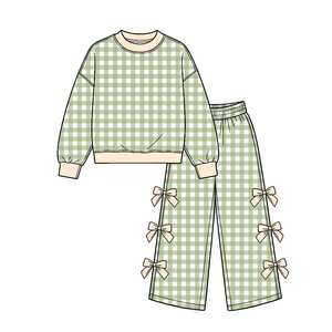 Conjunto de 2 Piezas de Ropa para Niñas, Estilo Boutique, con Estampado de Cuadros, Manga Larga, Pantalones y Lazos, Otoño Invierno, Casual - Product Image 2