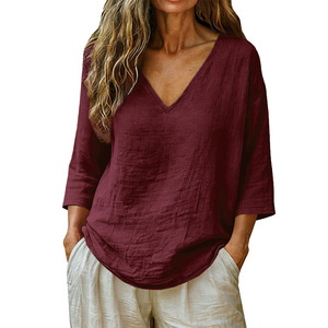 Blus Kerah V Berkerut yang Bernapas untuk Wanita, Lengan 3/4, Model Longgar, Desain Ramah untuk Musim Panas, Cocok untuk Pakaian Sehari-hari - Product Image 6