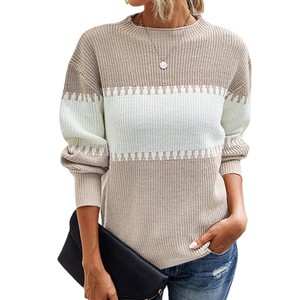 Pull-over rayé personnalisé pour femmes de style coréen à blocs de couleurs avec manches lanterne Mode hivernale Tricot Tissage Logo sur le devant - Product Image 5