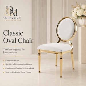Chaise de banquet ovale personnalisée en acier inoxydable doré avec dossier médaillon et coussin blanc pour la location événementielle - Product Image 1