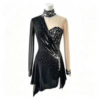 Robe de patinage artistique asymétrique noire à manches longues, dos ouvert, ornée de strass, pour filles et femmes adultes