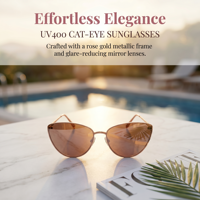 Lunettes de soleil œil-de-chat pour femmes, certifiées CE, protection UV400, monture métallique dorée brillante, verres électroplaqués rose-blanc clair