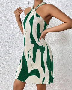 Belle robe d'été pour femmes imprimé licou cou robe plissée Mini tenue décontractée fête rencontres - Product Image 4