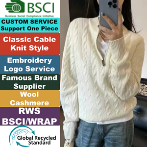 סוודר צמר נשים סרוג עם רוכסן רבע, סריגת כבלים, לוגו בהתאמה אישית, MOQ נמוך, לחורף - Product Image 1