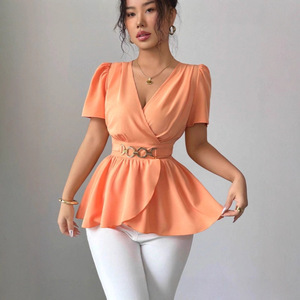 <span class=keywords><strong>Blusa</strong></span> Peplum Personalizada para Mujer con <span class=keywords><strong>Cuello</strong></span> en V y Hebilla Metálica en la Cintura, Top Elegante de <span class=keywords><strong>Manga</strong></span> Corta - Product Image 3
