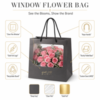 Sacs en papier pour fleurs avec fenêtre transparente, logo personnalisé KM, gris foncé, poignée en corde noire, dorure à chaud, pour fleuristes et mariages