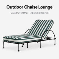 Chaise longue d'extérieur vert forêt à rayures blanches, structure en métal noir, barrières latérales semi-circulaires, lit de soleil réglable pour piscine et patio