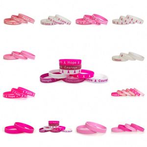 Bracelets en silicone Espoir, Foi, Force, Courage – Bracelets de sensibilisation au cancer, bracelets sportifs en silicone avec ruban rose - Product Image 3