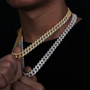 Iced Out Hip Hop Jewelry 12mm 14K 18K Gold Plated Brass 5A Baguette CZ Diamond Iced Out Cuban Link Chain Necklace