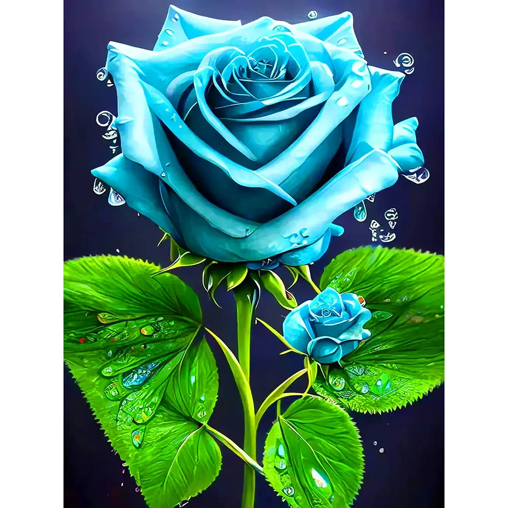 5D Diamond Painting Flowers Art Full Drill Round Shinning Beads Paint by Number Kit, blue rose, No Frame