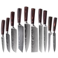 Ensemble de couteaux de cuisine personnalisés, 10 pièces, ensemble de couteaux de cuisine en damas, acier inoxydable 4Cr13 avec manche en bois coloré, couteau de chef en métal tranchant