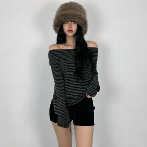 เสื้อยืดแฟชั่นลำลองแขนยาวสองชั้นแบบเปิดไหล่ ลายทางเก๋ไก๋สำหรับสาวฮอต ช่วยเสริมลุคเพรียวบาง - Product Image 6