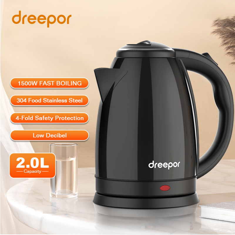 Портативный Электрический чайник Dreepor, 2 л, 1500 Вт, электрический водонагреватель из нержавеющей стали