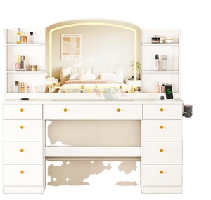 Table de toilette blanche de 55 pouces avec miroir et éclairage, <span class=keywords><strong>9</strong></span> <span class=keywords><strong>tiroirs</strong></span> et 6 compartiments de rangement, bureau de maquillage pour chambre à coucher avec prise électrique - Product Image 1
