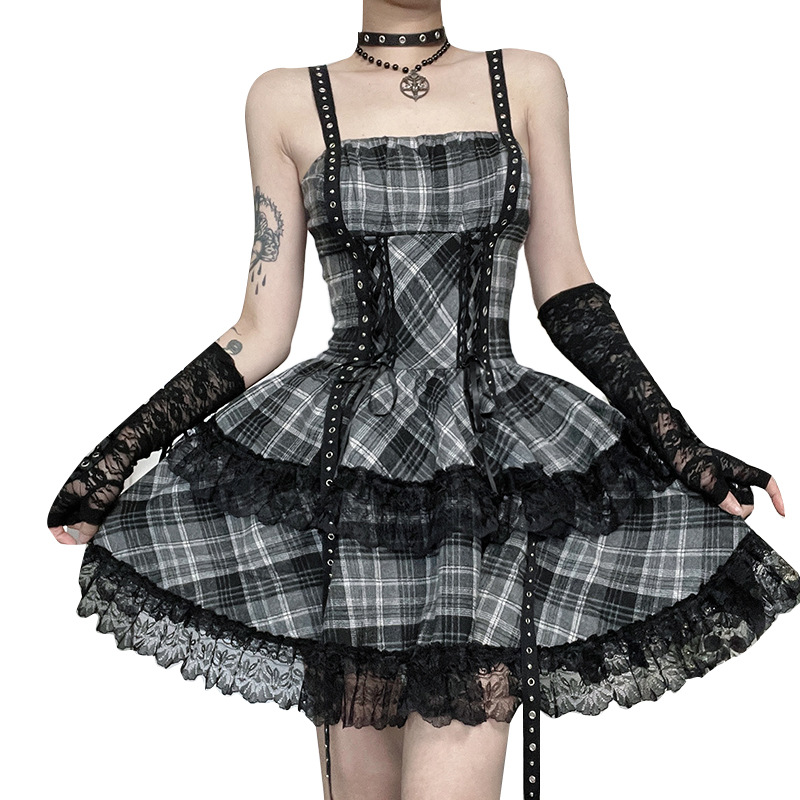 chinese dress ladies Tartan Plaid Gothic Dress Dark Fashion Corset Lace Up